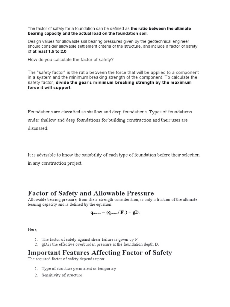 Factor of Safety Calculations for Foundation Design | PDF | Strength Of ...