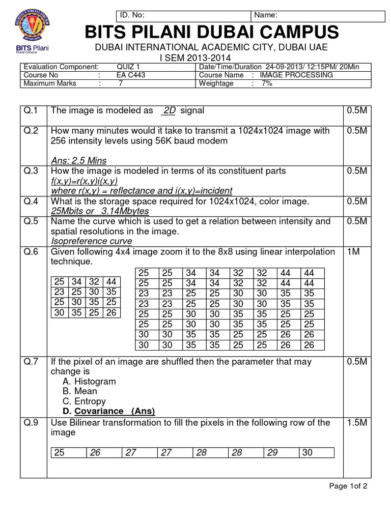Image Processing Quiz 1 Modeling Images, Image Resolution