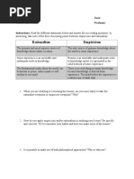 Rationalism Empiricism: Name: Date: Course and Section: Professor