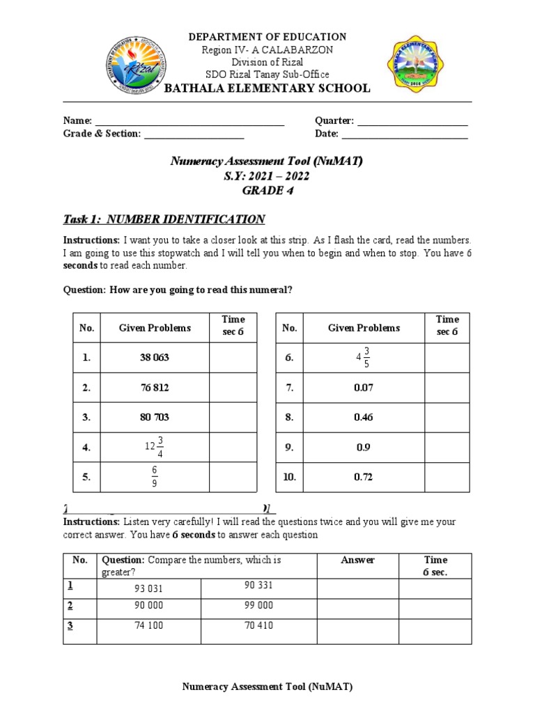 Numeracy Assessment Tool (Numat) S.Y: 2021 - 2022 Grade 4 Task 1 ...
