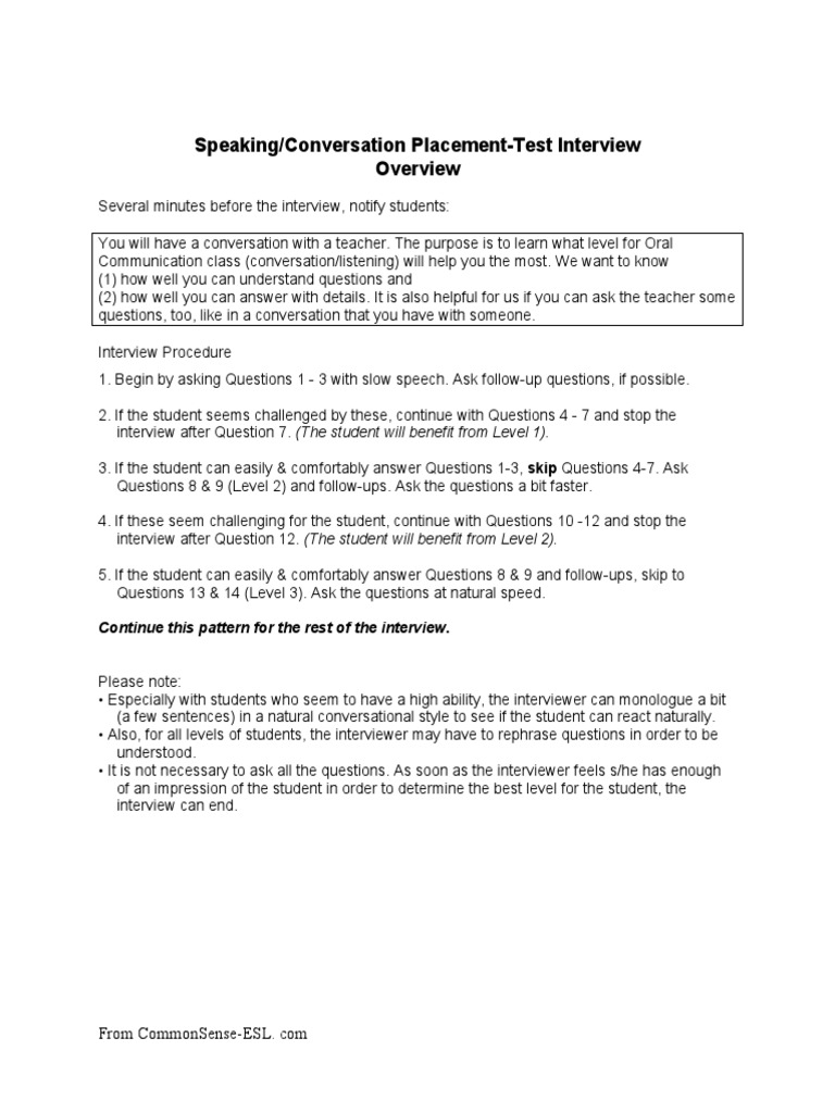ESL Speaking Placement Test Guide | PDF | Question | Interview