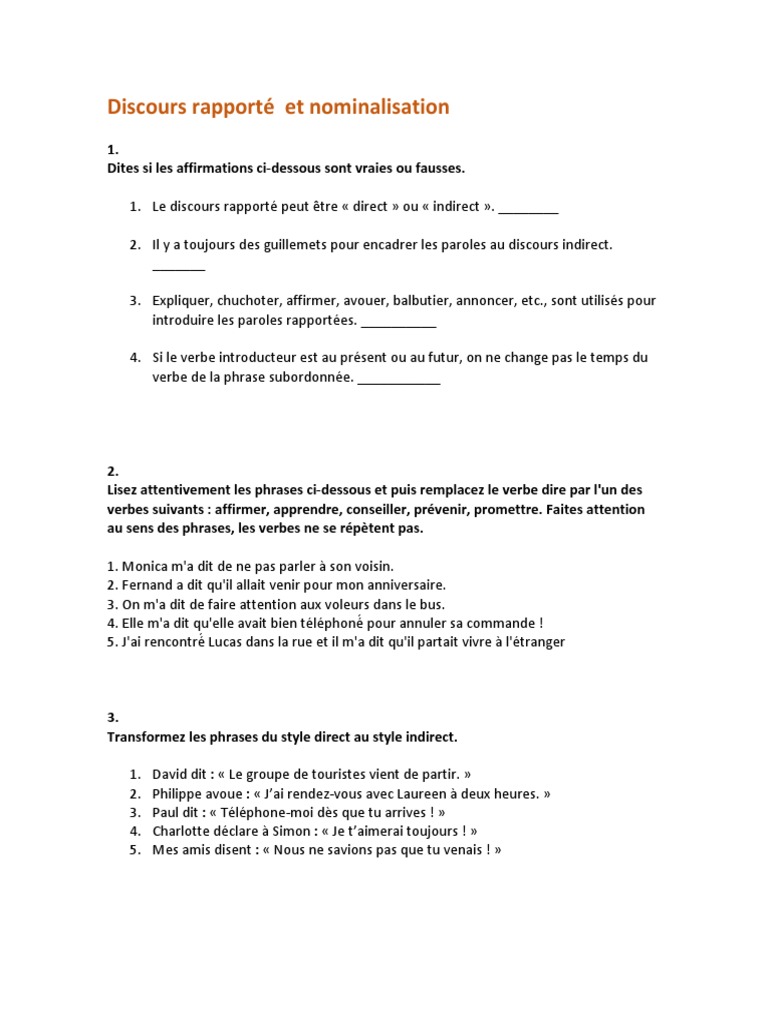 Exercices sur le discours rapporté | PDF | Phrase