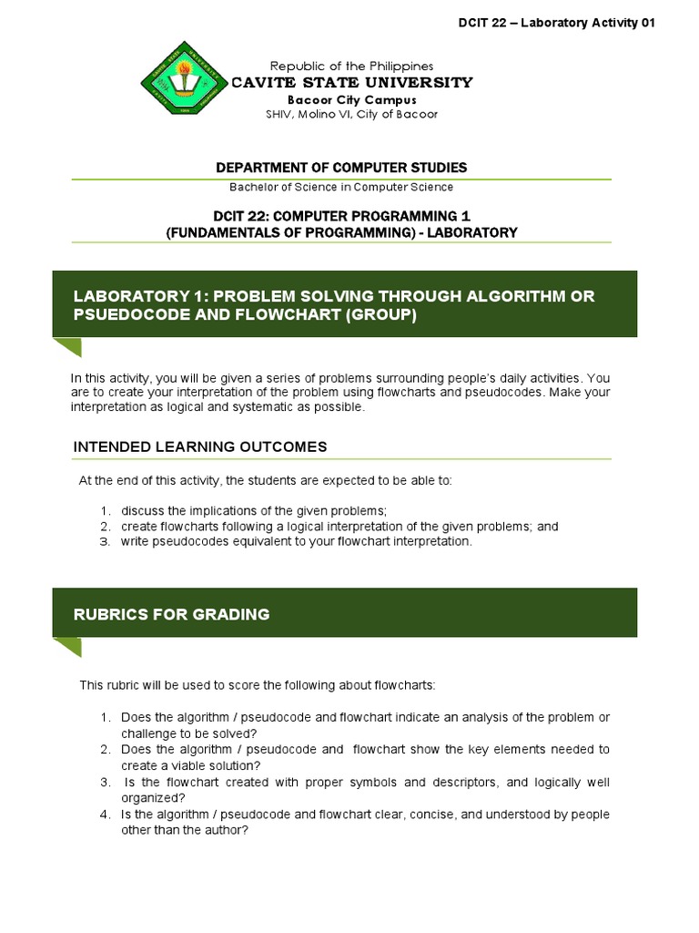 LAB 1 - Problem Solving Through Algorithm and Flowchart | PDF ...