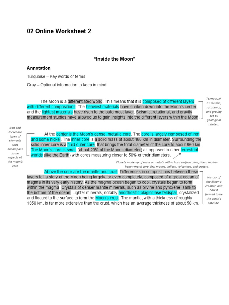 02 Online Worksheet 2: Annotation | PDF | Moon | Planetary Core