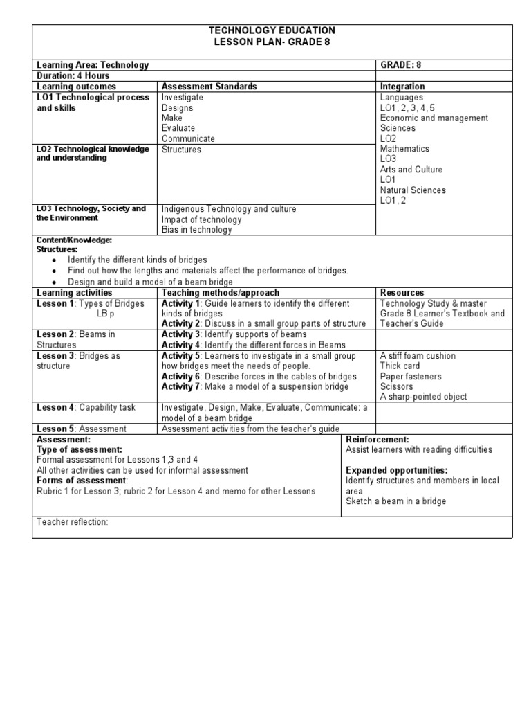 Grade 8 Bridge Lesson Plan | PDF | Educational Assessment | Learning