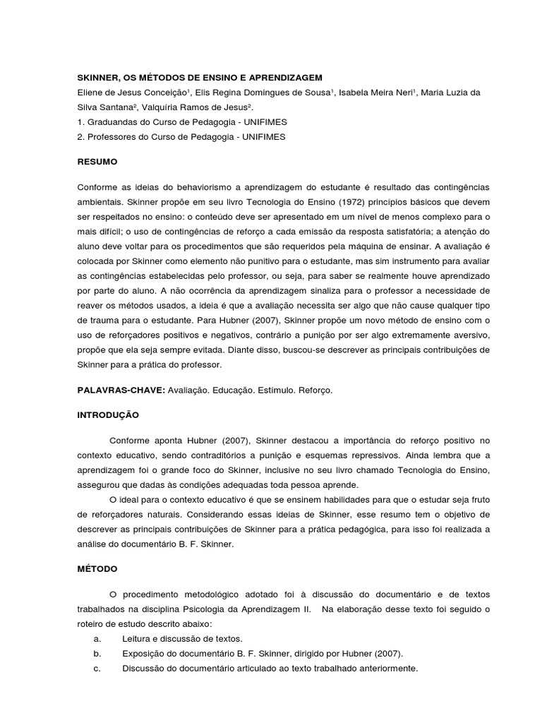Skinner, Os Metodos de Ensino e Aprendizagem PDF Aprendizado