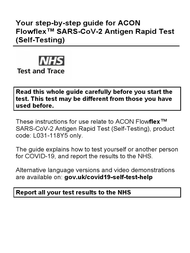 COVID 19 Self Test Nose Only Instructions Acon Flowflex Large Print