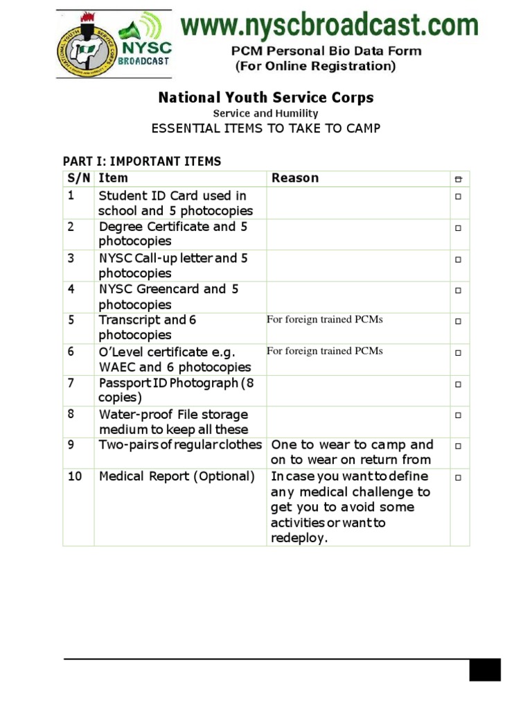 Nysc REQUIREMENT For Camp | PDF | Identity Document