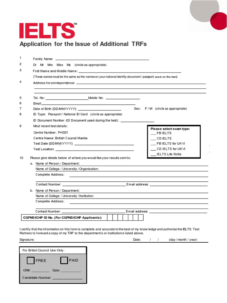 Additional TRF Application Form | PDF | International English Language ...