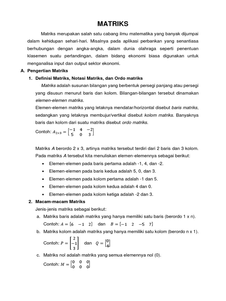 Pengertian dan Jenis Matriks | PDF | Metode & Bahan Ajar | Sains ...