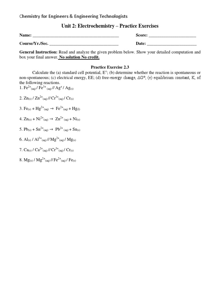 Unit 2 Electrochemistry Practice Exercises Chemistry For Engineers