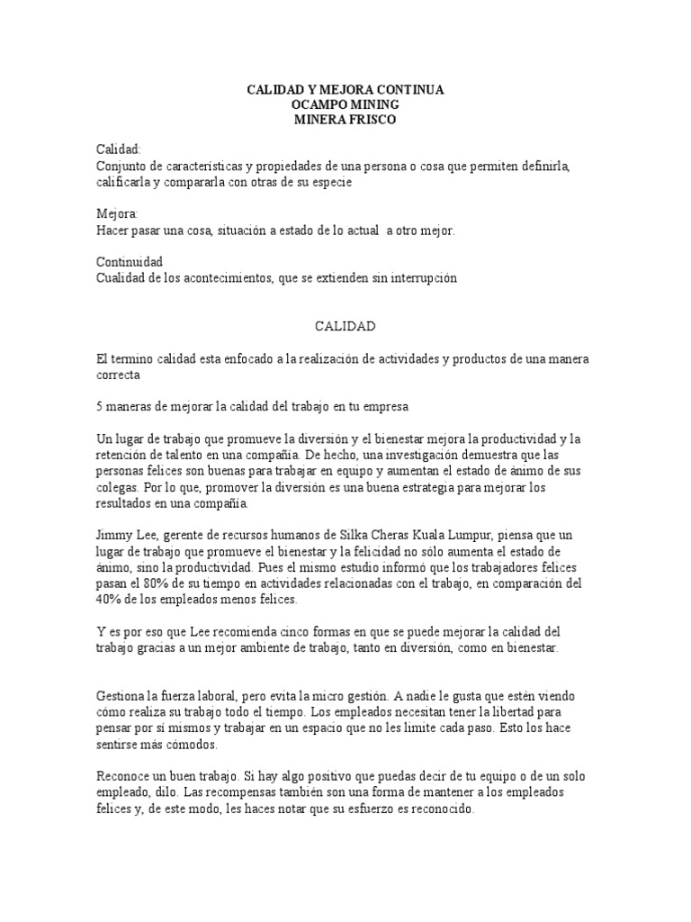 Mejora Continua en la Calidad Empresarial | PDF | Calidad (comercial ...