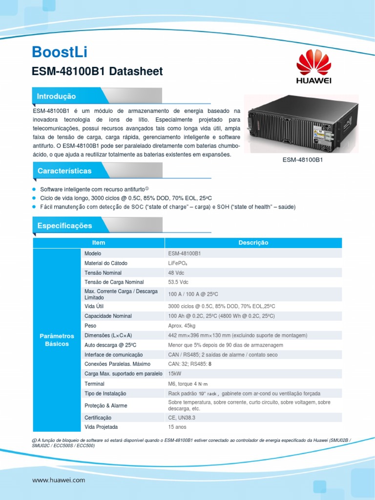 Huawei BoostLi ESM-48100B1 Datasheet (3U) - PT | PDF | Eletromagnetismo ...