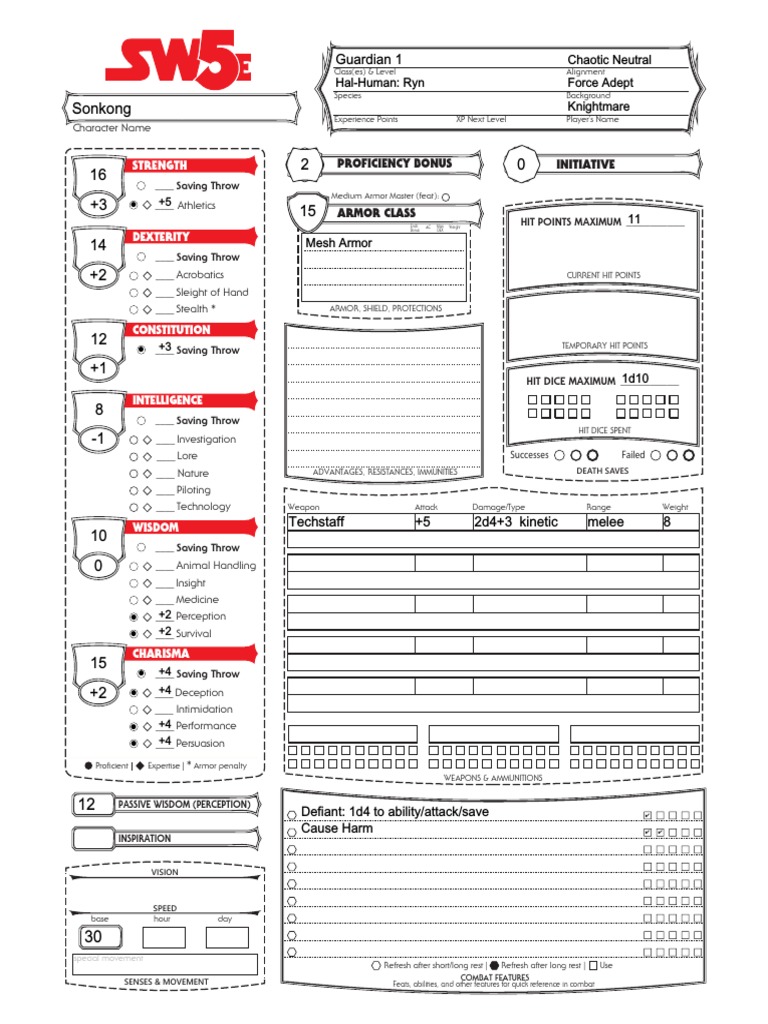 SW5E Character Sheet Template | PDF