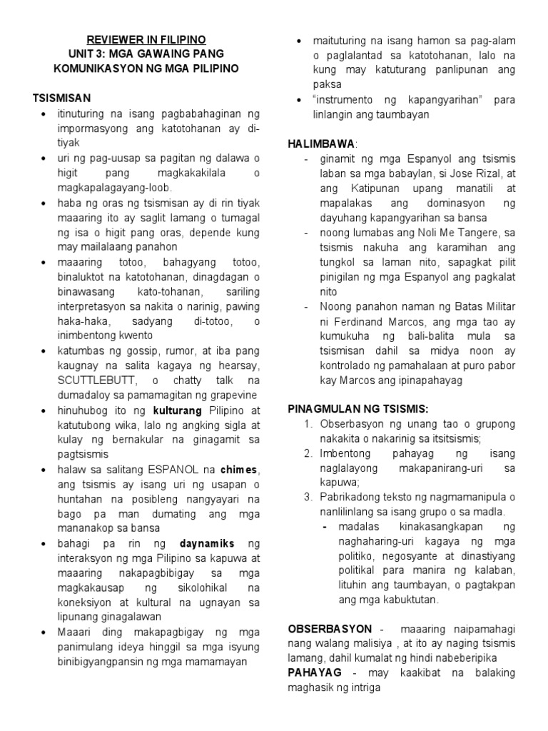 Reviewer in Filipino | PDF