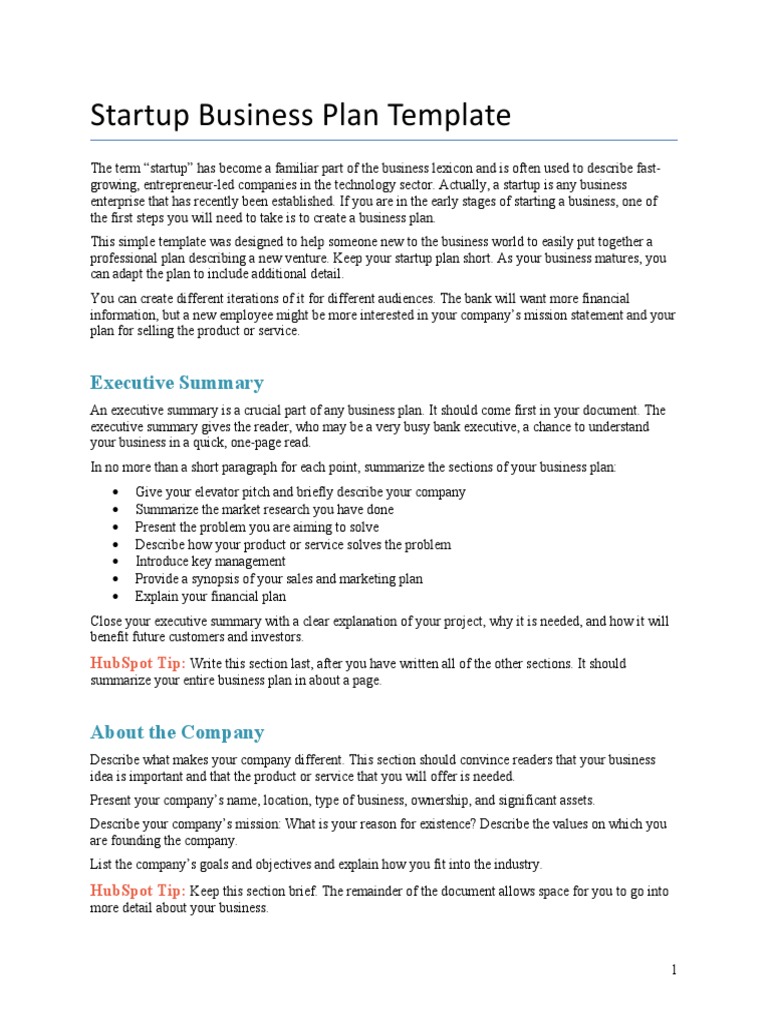 Startup Business Plan Template: Executive Summary Download Free PDF