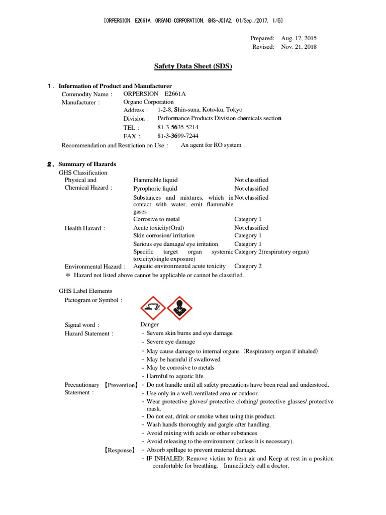 Safety y Data Sheet (SDS) : Ormation of Product and Manufacturer | PDF ...