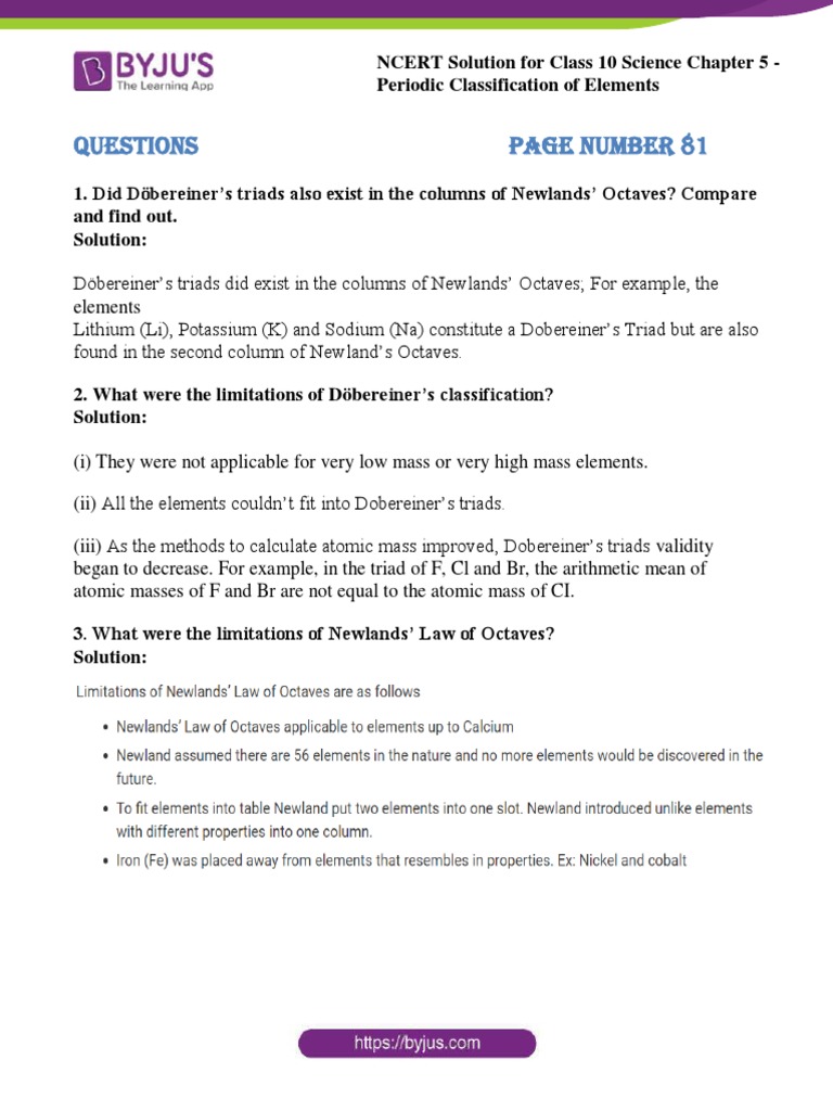 NCERT Class 10 Science Ch 5 Solutions | PDF | Periodic Table | Chemical ...