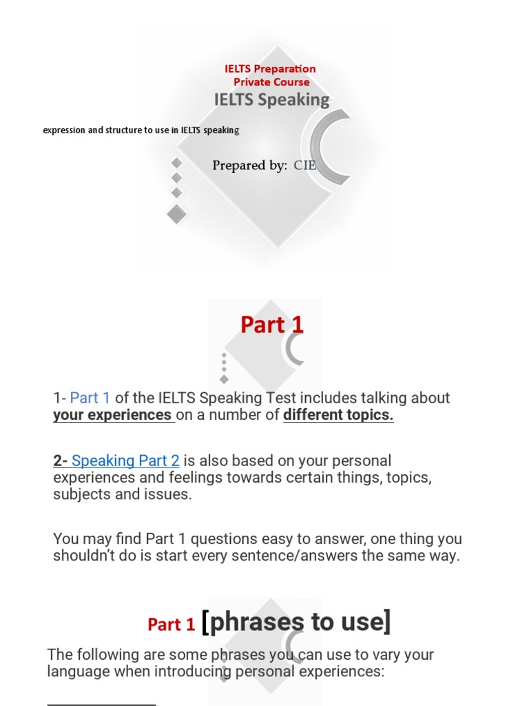 IELTS Speaking Ex and Phrases | PDF | Test (Assessment) | Question