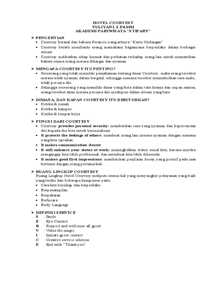 Pentingnya Courtesy dalam Perhotelan | PDF