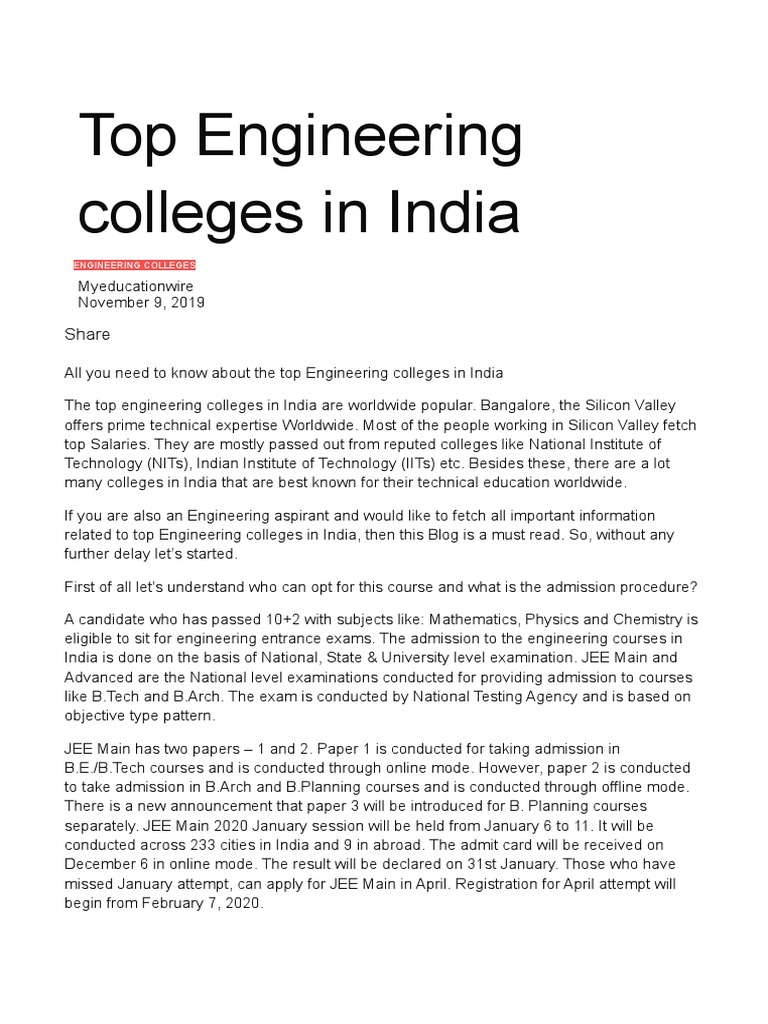 Top Engineering Colleges in India | PDF | Qualifications | Educational ...