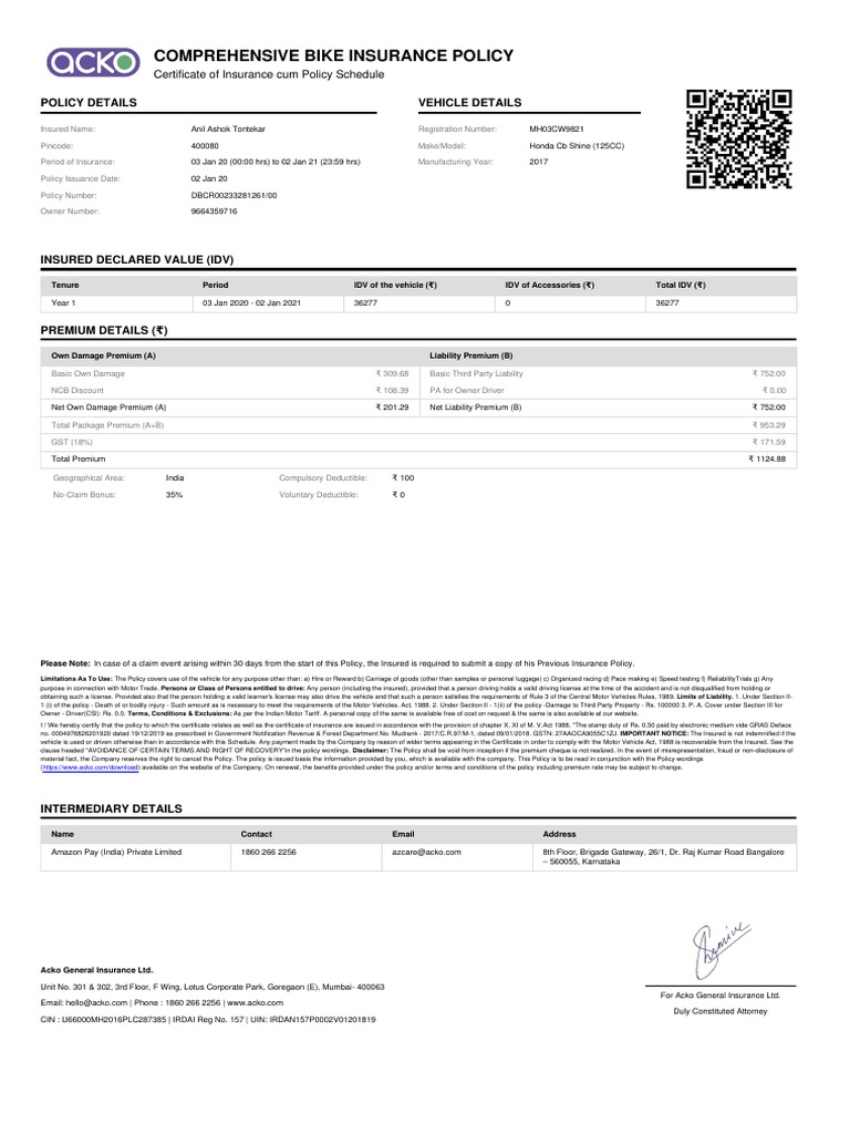 Acko Bike Policy DBCR00233281261 00 PDF Insurance Liability