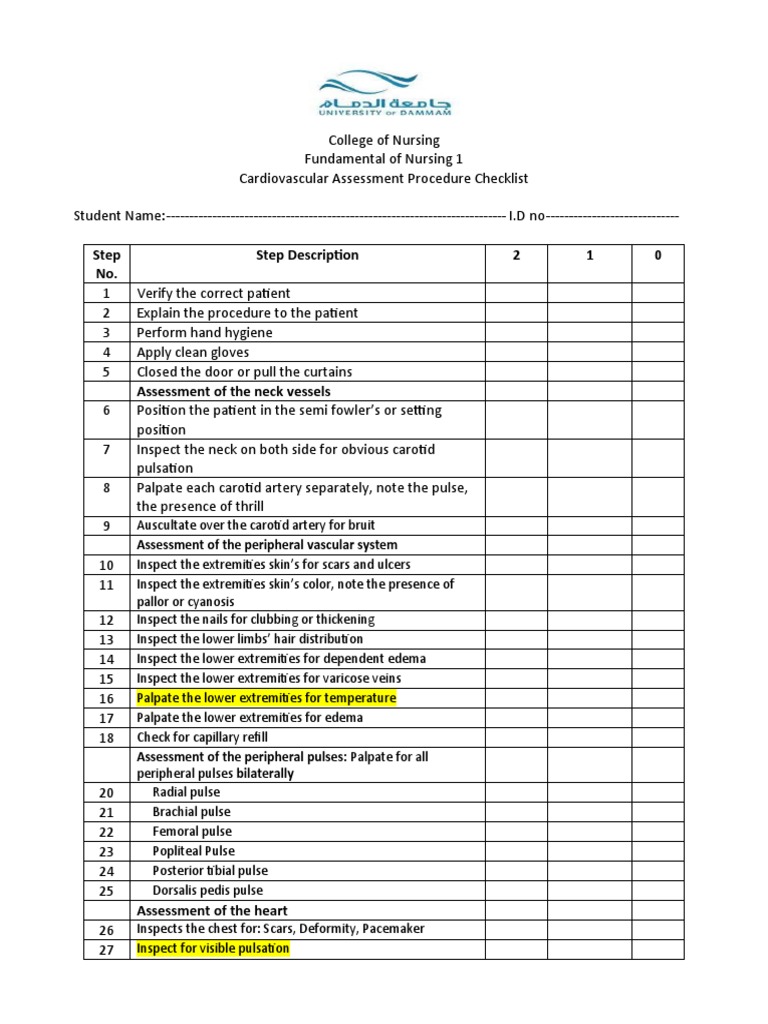 CVS Assessment Checklist16 PDF Pulse Cardiovascular System