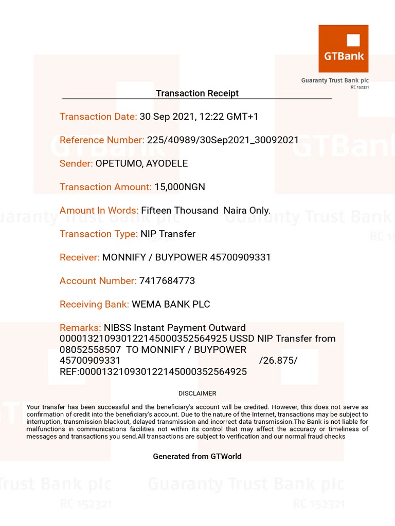 WEMA Bank NIP Transfer Receipt | PDF | Finance & Money Management