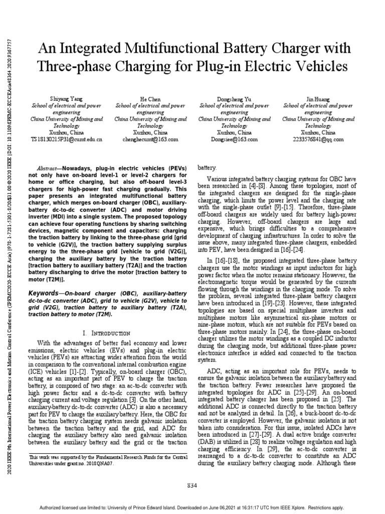 An Integrated Multifunctional Battery Charger With Three-Phase Charging ...