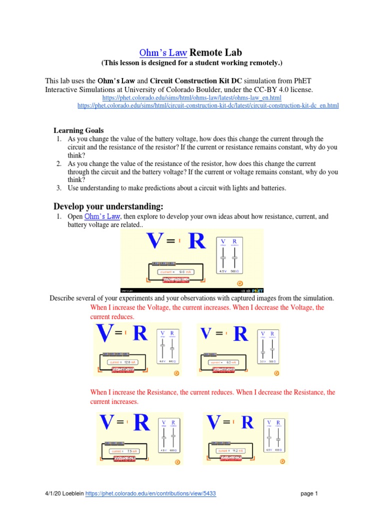 Ohms Law Remote Lab PDF Electrical Network Electrical Resistance And Conductance