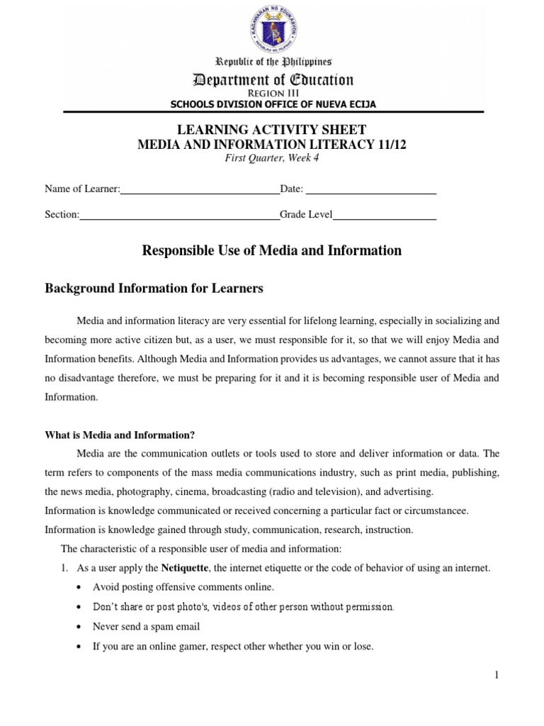 SHS MIL - Q1 - Responsible Use of Media and Information 1 | PDF | Mass ...