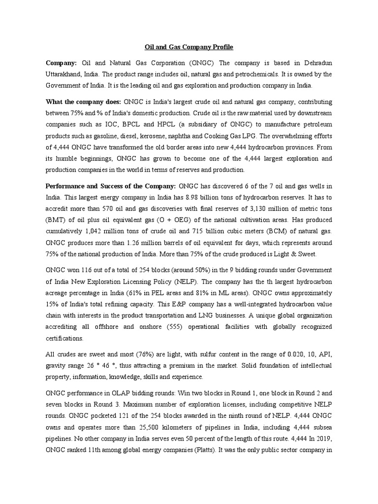 Oil and Gas Company Profile PDF Petroleum Oil