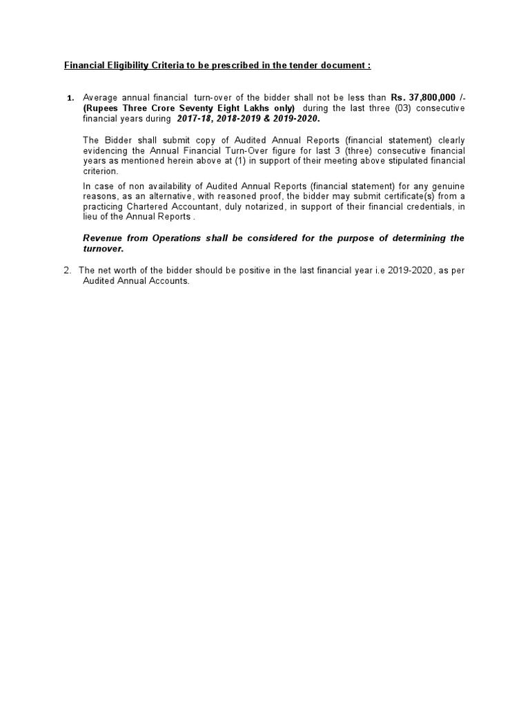 Financial Eligibility Criteria for Bidders | PDF