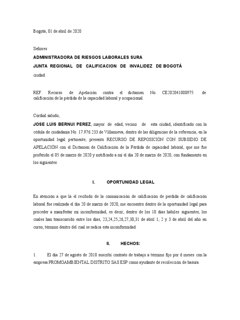 Minuta Apelacion - Arl - Perdida - de - Capacidad - Labor | PDF ...