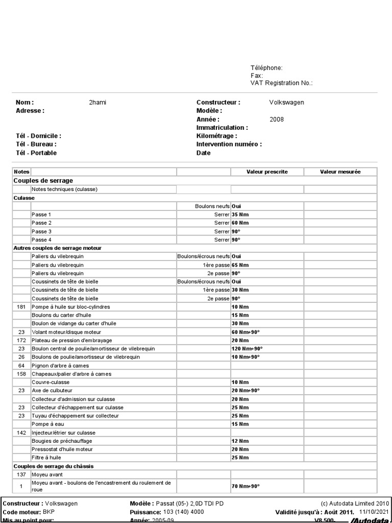 Couple De Serrage Carter D huile 1 6 Hdi Couple de Serrage VW Passat b6 2.0 Tdi BKP | PDF | Véhicule motorisé |  Voitures