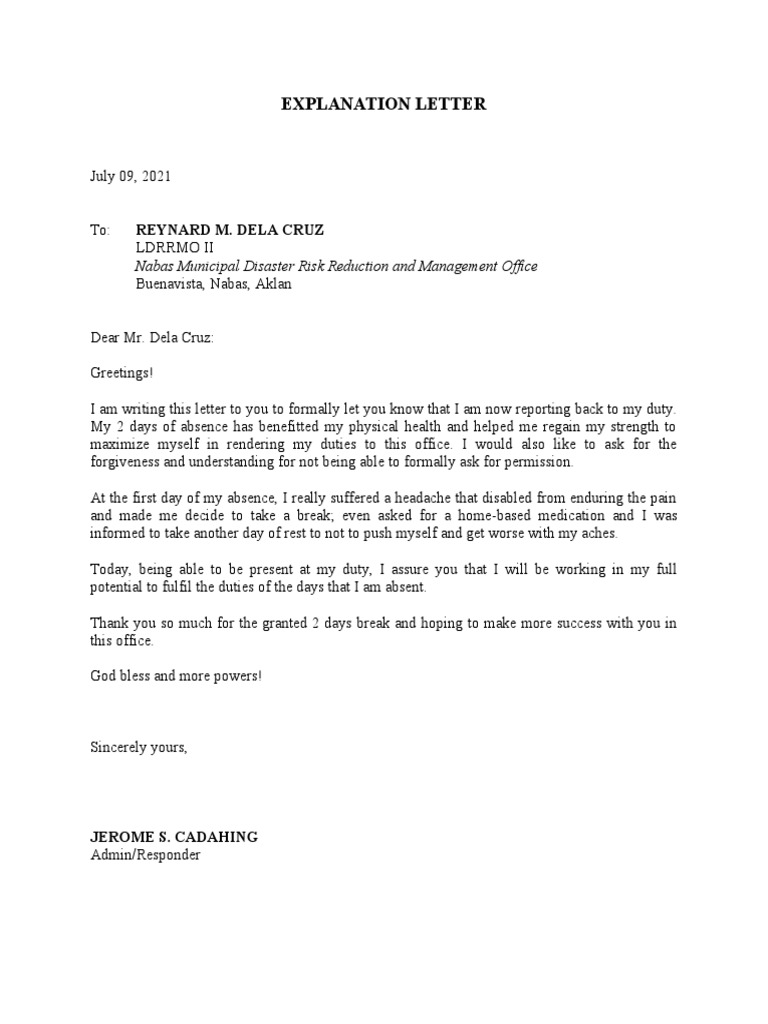 Explanation for 2-day absence | PDF