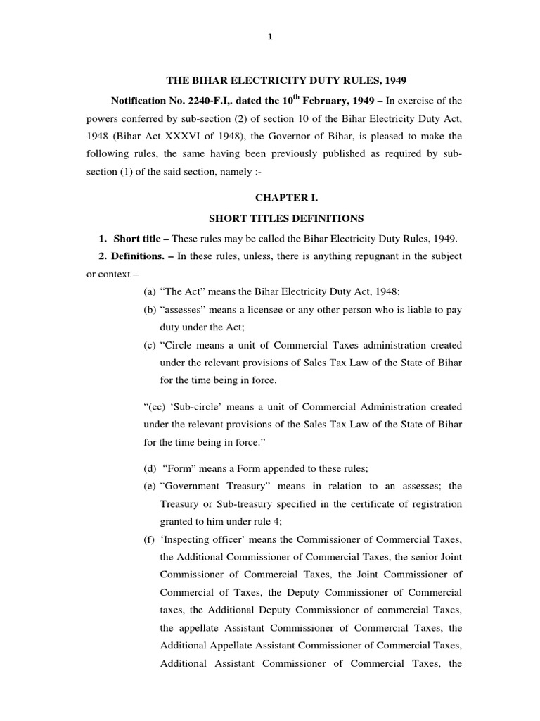 Bihar Electricity Duty Rules PDF Fee Payments
