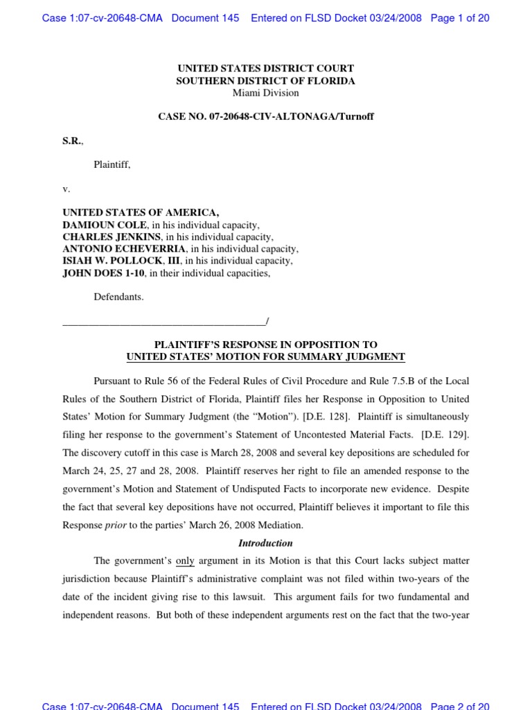 SR V United States Response To Motion For Summary Judgment PDF