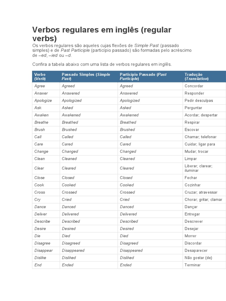 Lista de Verbos Regulares e Irregulares em Inglês | PDF | Linguistics ...