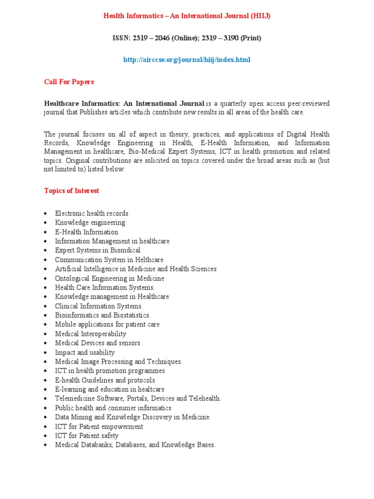 Call for Papers: Health Informatics Journal | PDF | Health Informatics ...