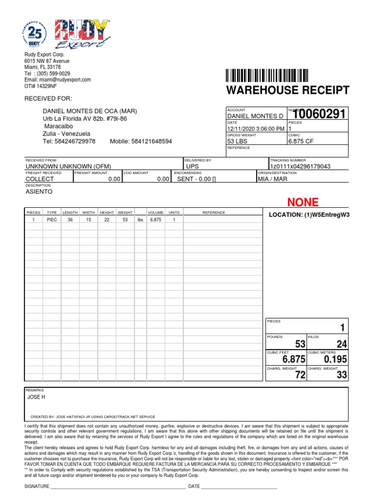 Warehouse receipt rudy export corp 6015 nw 87 avenue miami fl 33178