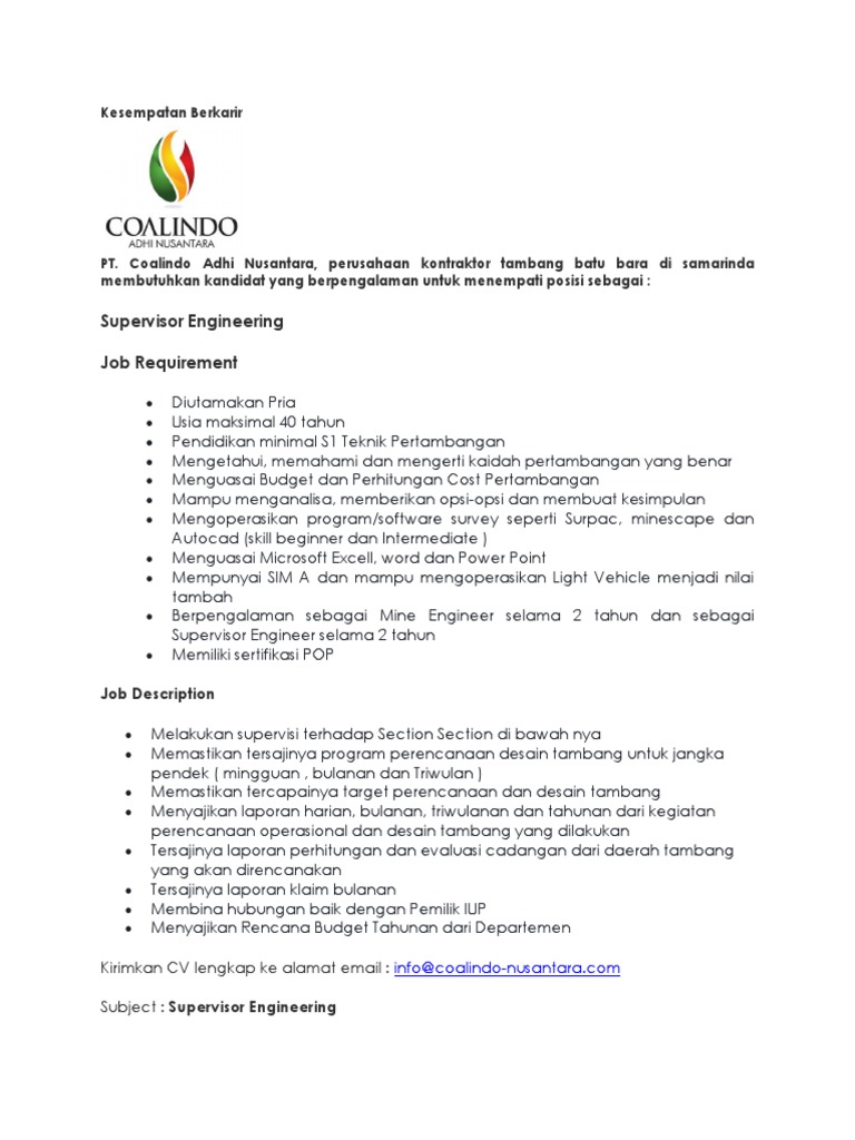 Lowongan Kerja Supervisor Engineering | PDF