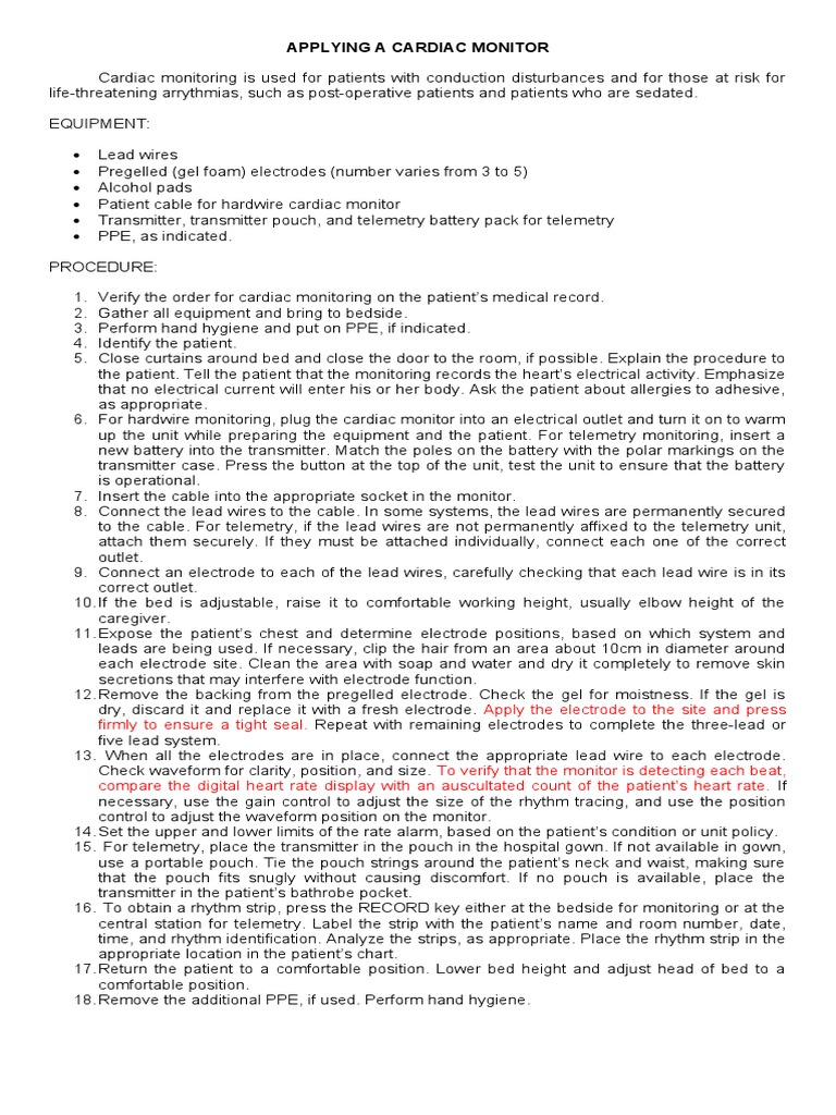 Applying Cardiac Monitor Procedure | PDF | Telemetry | Heart