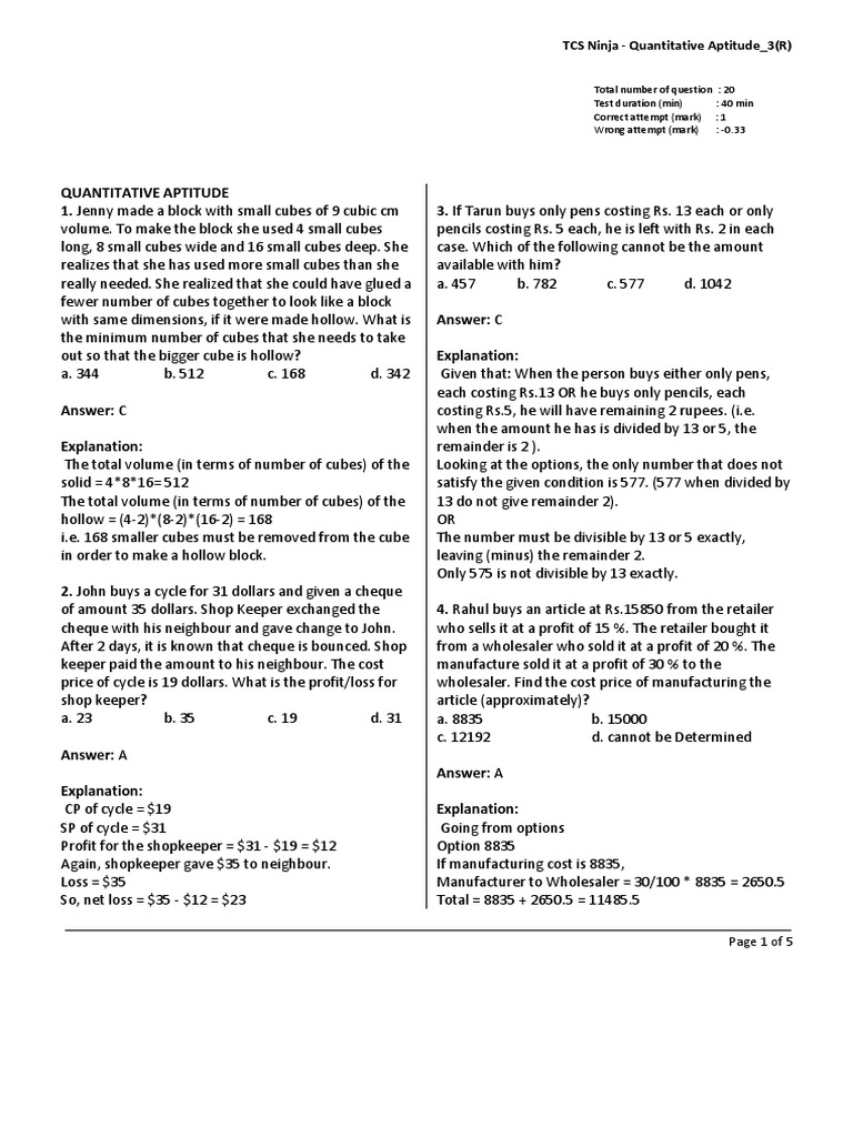 Tcs Ninja Quantitative Aptitude Pdf Pdf Triangle Elementary