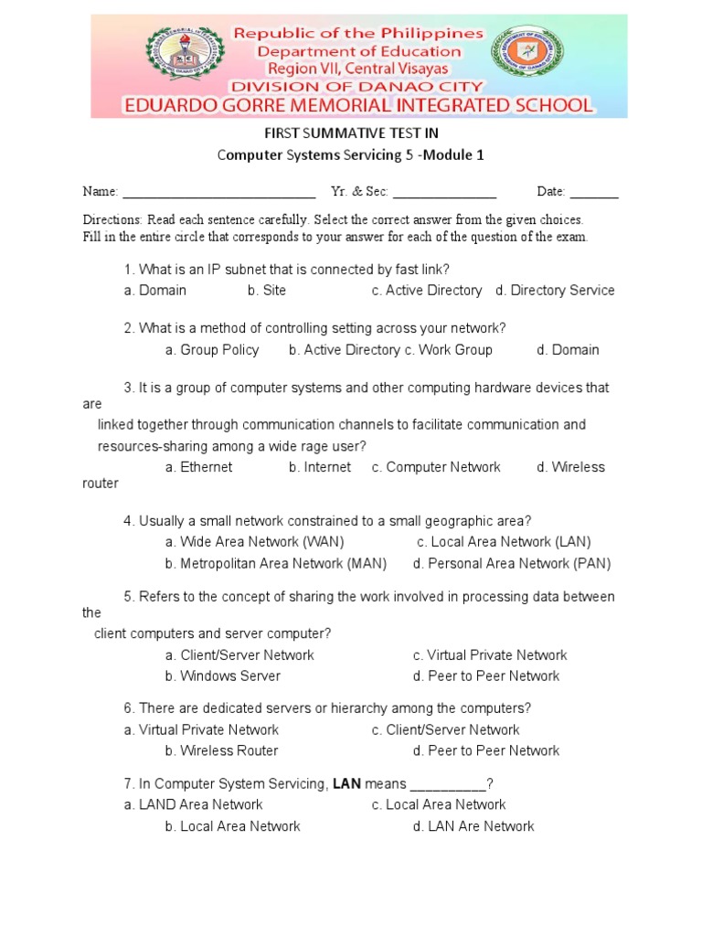 Computer Systems Servicing Test 1 | PDF | Computer Network | Local Area ...