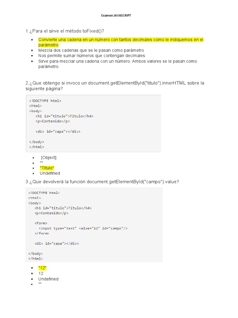 Examen sobre Métodos en JavaScript | PDF