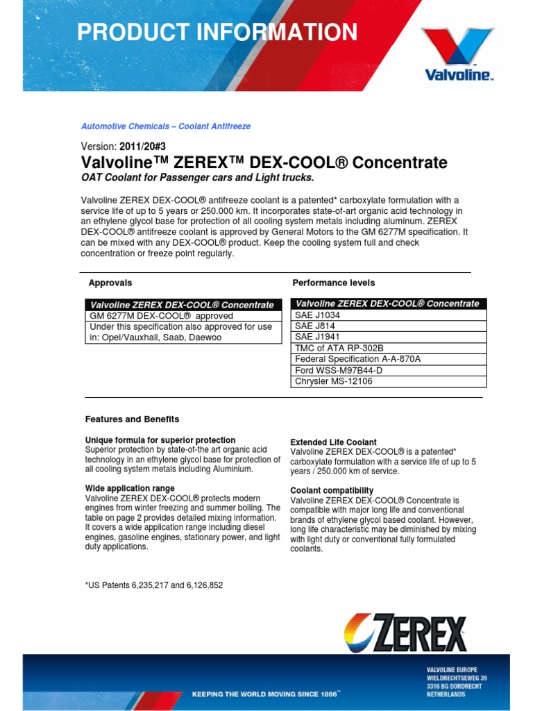 Product Information Valvoline™ ZEREX™ DEXCOOL® Concentrate PDF