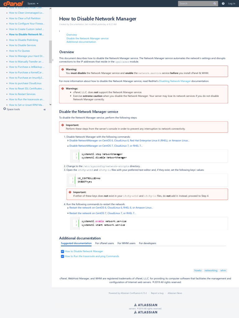 How To Disable Network Manager - Cpanel Knowledge Base - Cpanel  Documentation | PDF | Computer Science | Computer Engineering