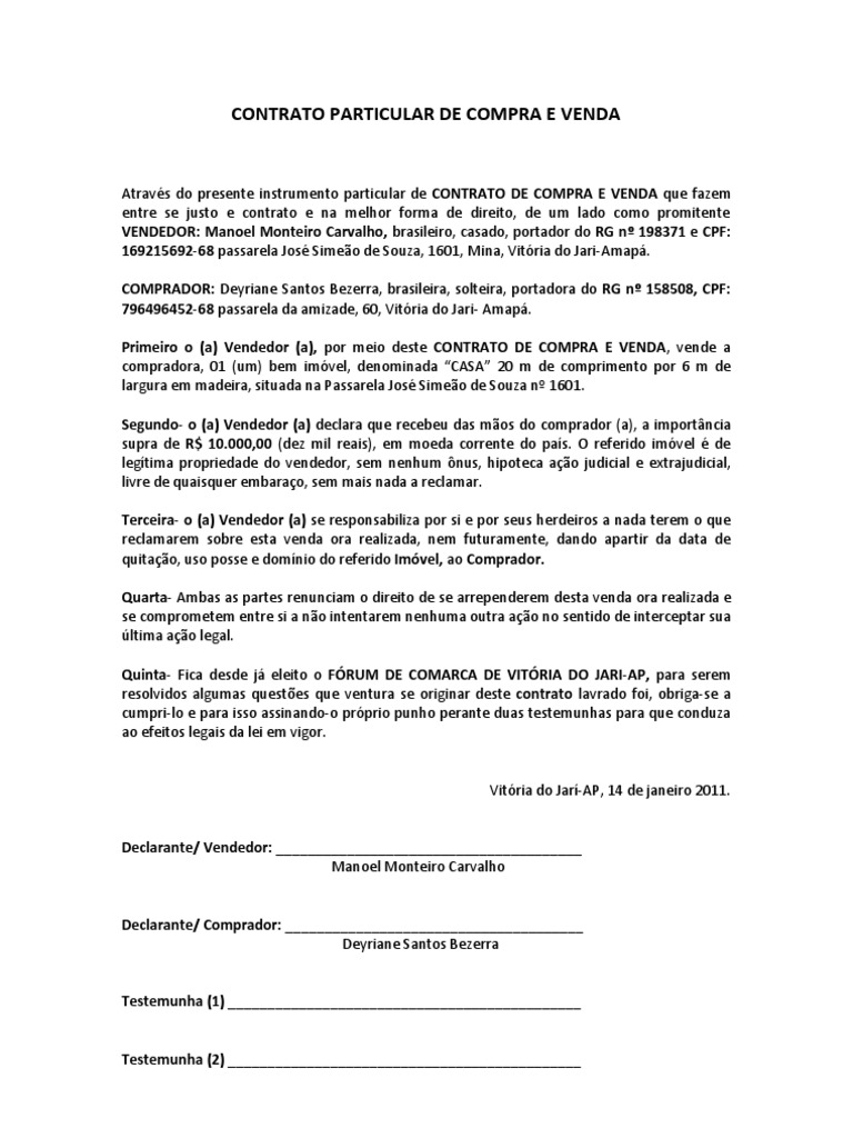 CONTRATO PARTICULAR DE COMPRA E VENDA
