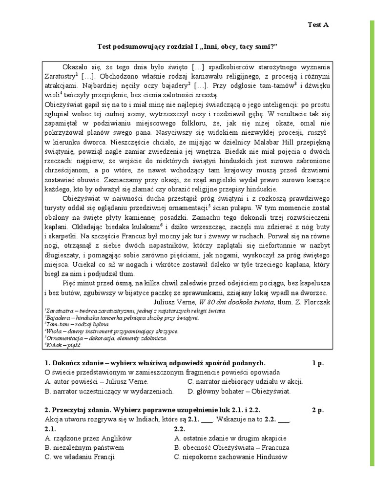 Inni Obcy Tacy Sami Test Test Podsumowujacy Do Rozdzialu I Inni Obcy Tacy Sami Wersja A | PDF